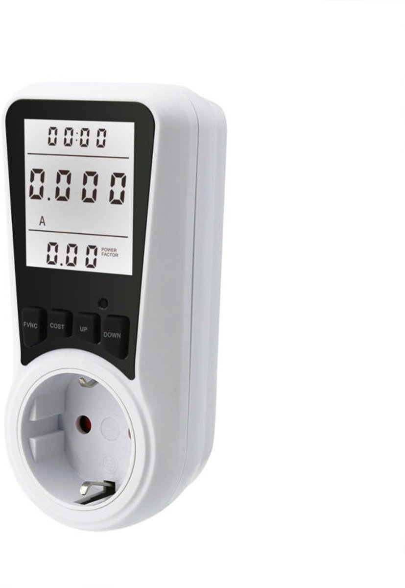(Wit licht) Insteekwattmeter met 7 meetstanden en een verlicht lcd-scherm, waarmee energieverbruik kan worden gemeten en energie kan worden bespaard.
