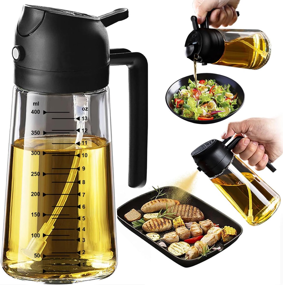 OLOEY Oliedispenser-oliefles-2-in-1 dispenser en spray-voor olijfolie en azijn-470 ml-BPA-vrij-voor de keuken-barbecue-salades (Zwart)