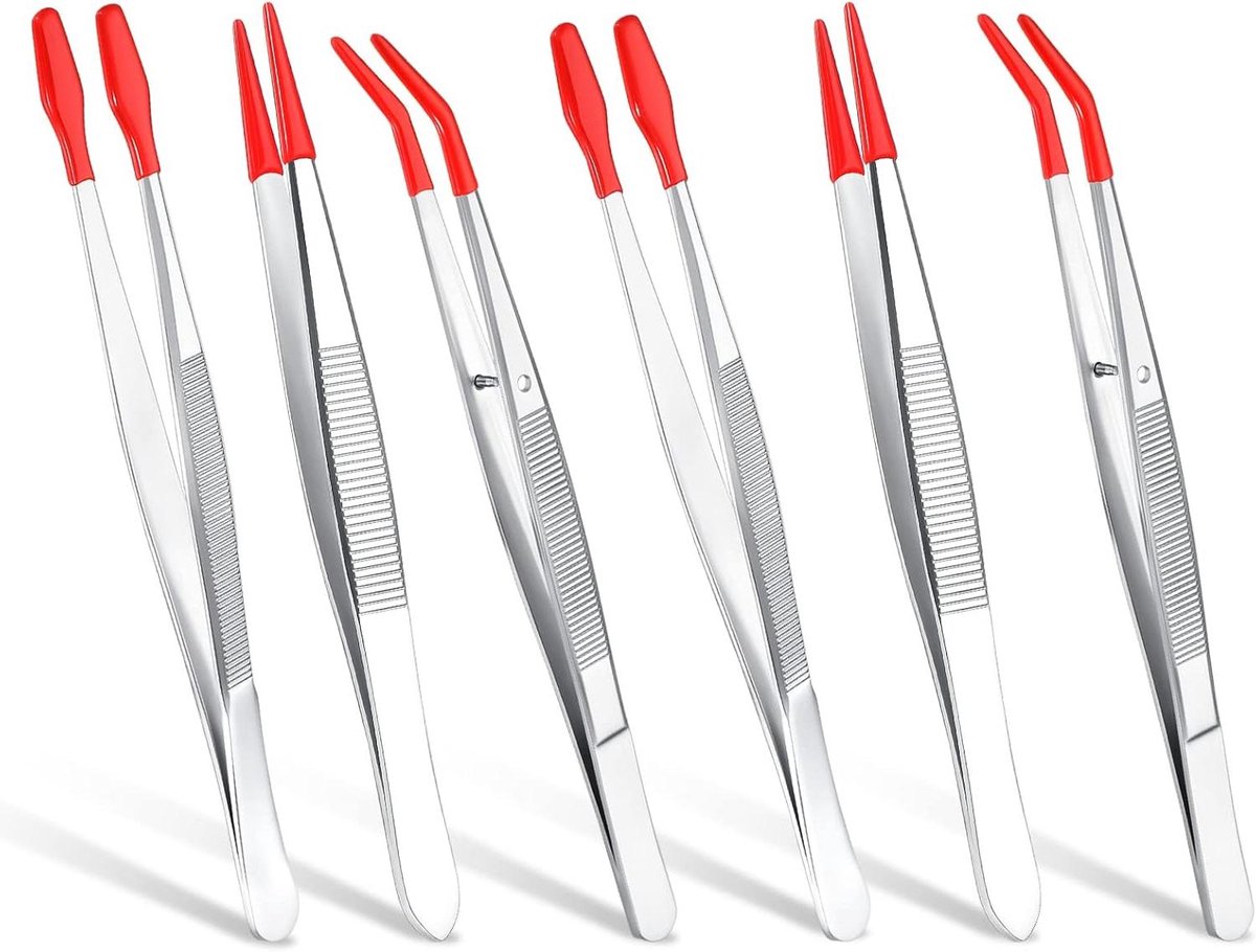 Pincetten Set - Precisie Tangen - Sieraden Maken - Rubberen Tips - 6 Stuks - Zilver Rood