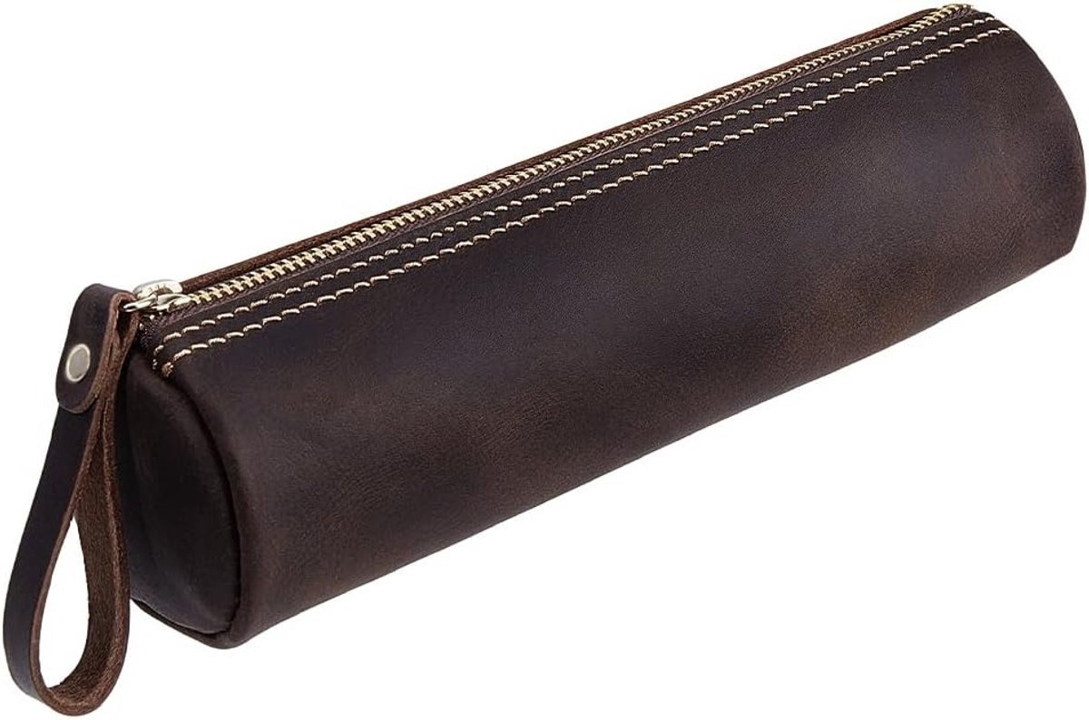 Lederen etui met ritssluiting in kokobruin, vintage design voor kantoor, werk en reizen, 21 x 5,6 x 4,9 cm, multifunctioneel en stijlvol accessoire