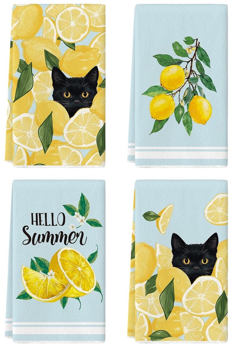 Cosensi - Dailygoods - Set van 4 Zwarte Kat Keukendoeken met Citroenprint 42x65 cm
