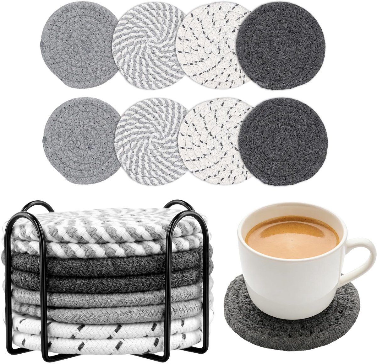 Onderzetters Set - Katoenen Coasters - Tafel Beschermen - Met 3 Houders - 24 Stuks - Grijs