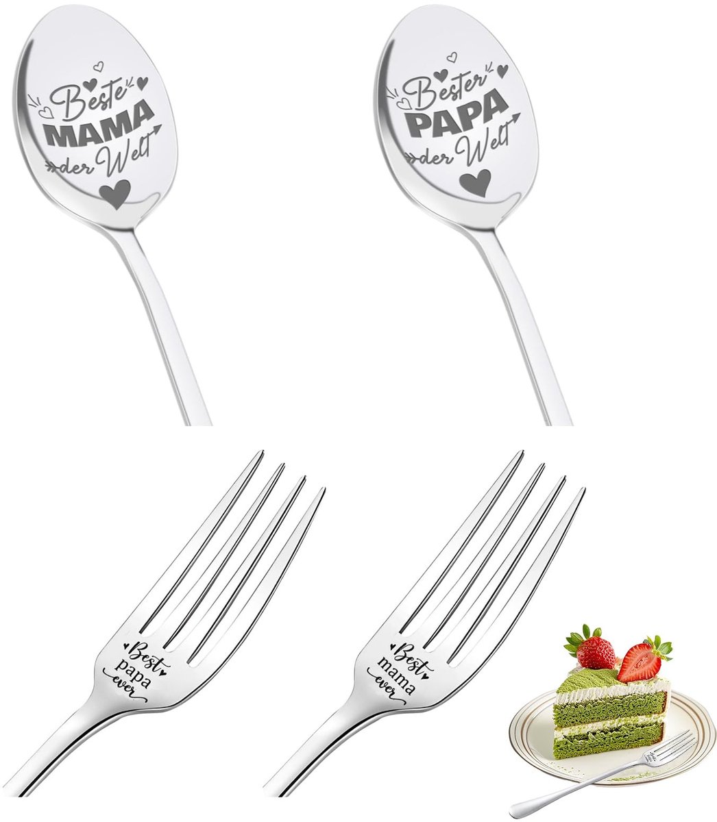 Dailygoods - Gegraveerde Koffielepels en Vorken Set voor Ouders, 4 Delig