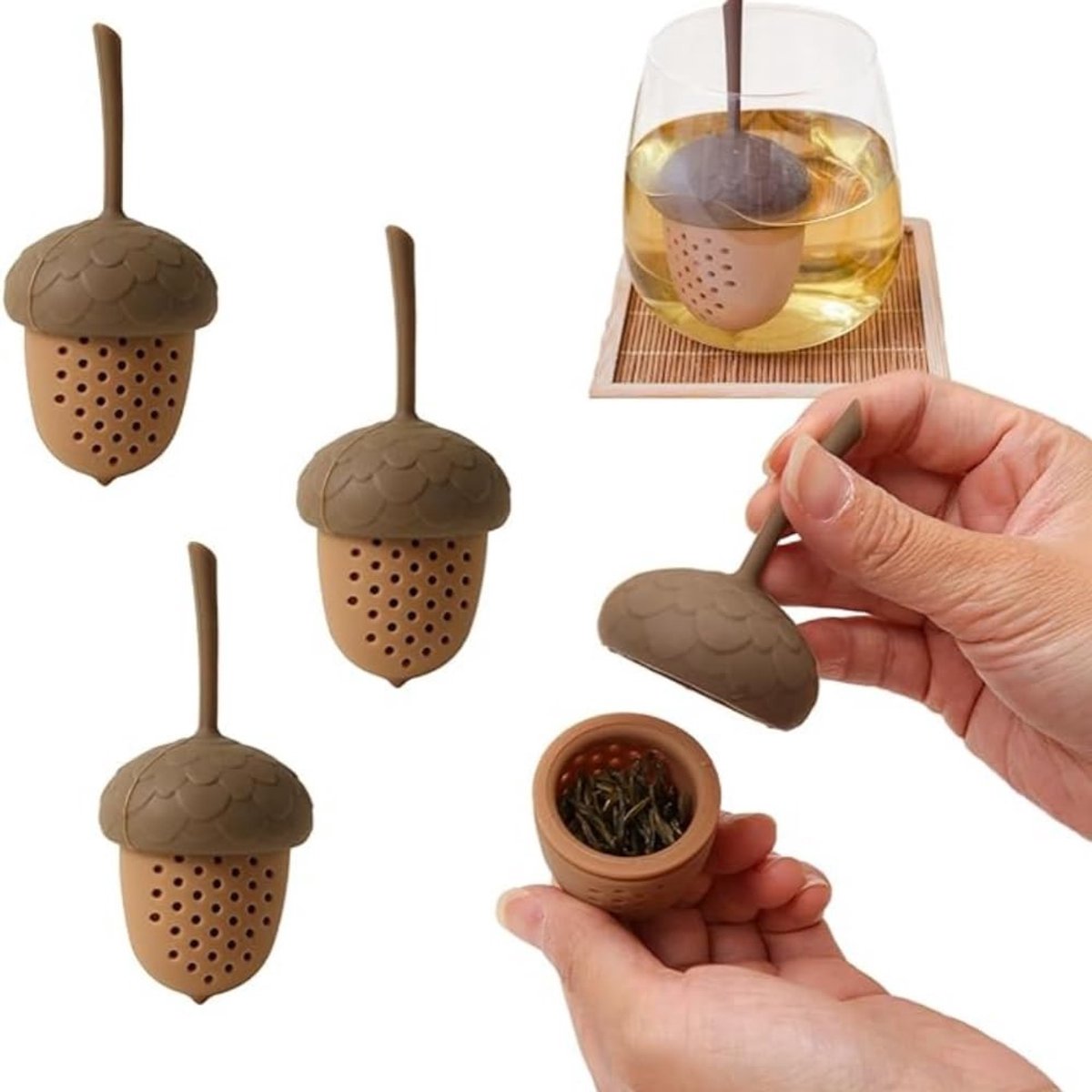 Dailygoods - Set van 3 Siliconen Theefilters in Eikelformaat