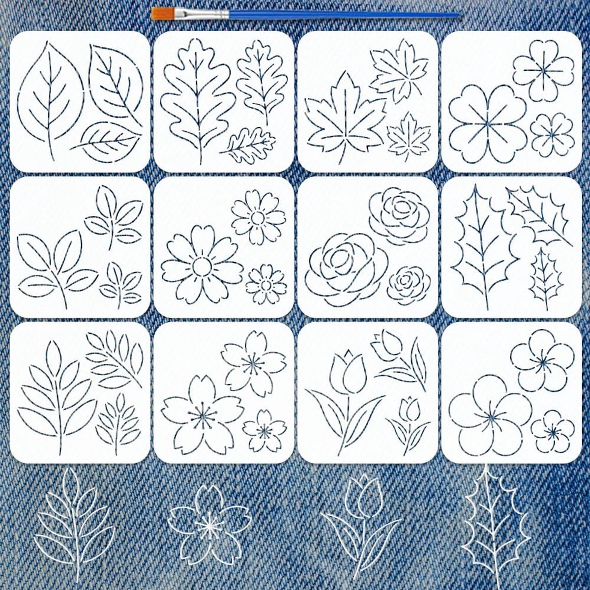Dailygoods - 12 Stuks Bladeren- en Bloemenstencils met Penseel 15 x 15 cm