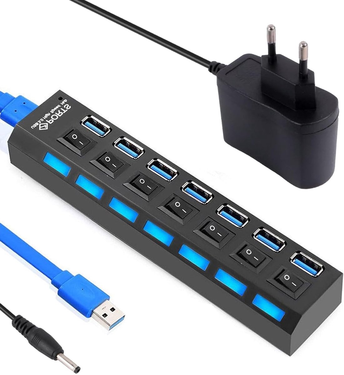 Dailygoods - 7-Poorts USB Hub met Stroomschakelaar en Lange Kabel