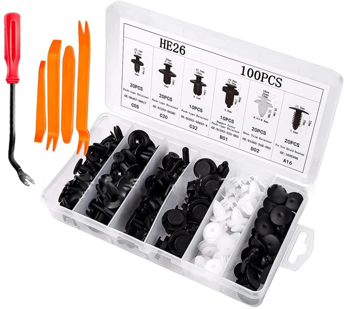 Dailygoods - Dailygoody - Autobevestigingsclips - Universele nylonclips - Inclusief gereedschap - Zwart - Klinknagels - Voor carrosserie - Bevestigingselement