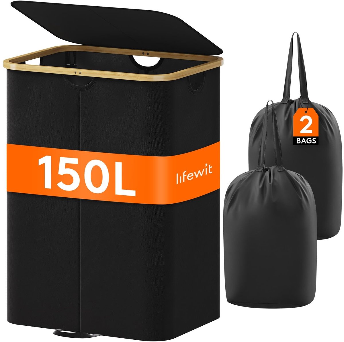 Dailygoods - 150L Wasmand met Deksel en Bamboe Handvatten voor Efficiënt Opbergen