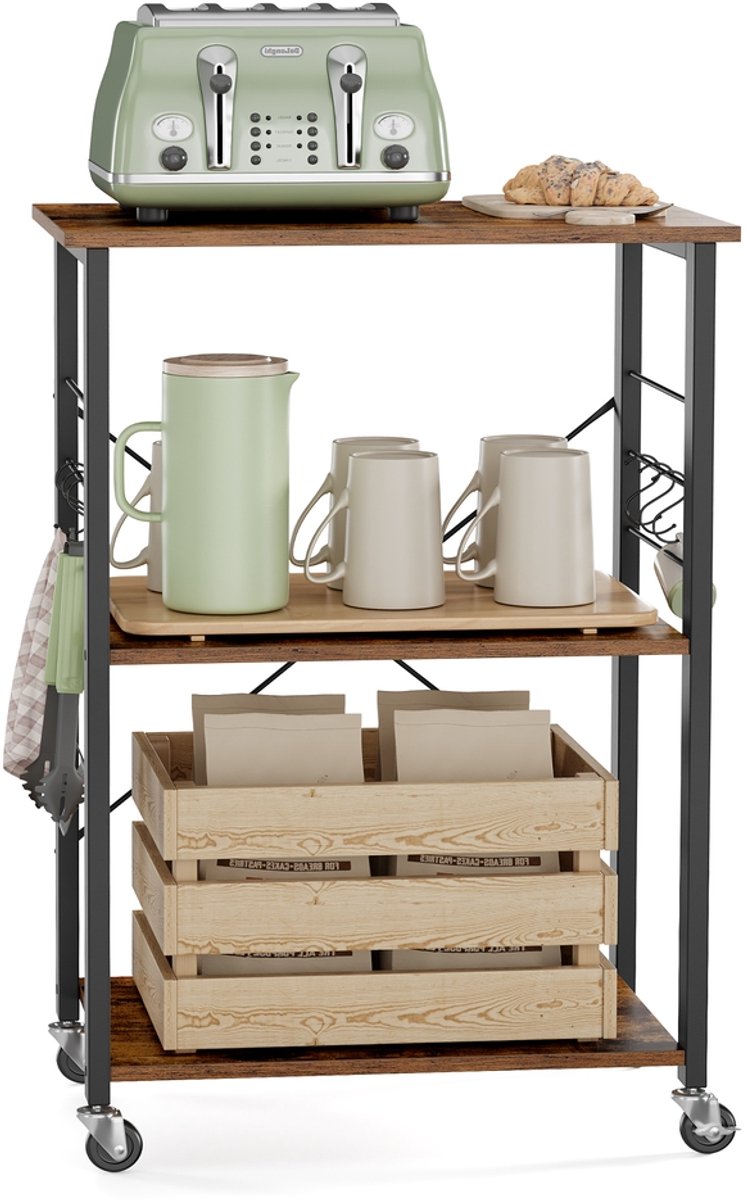 VASAGLE - Kruidenrek - Keukenrek op Wielen - 3 Lagen - Met 6 Haken - Voor Mini-Oven en Broodrooster