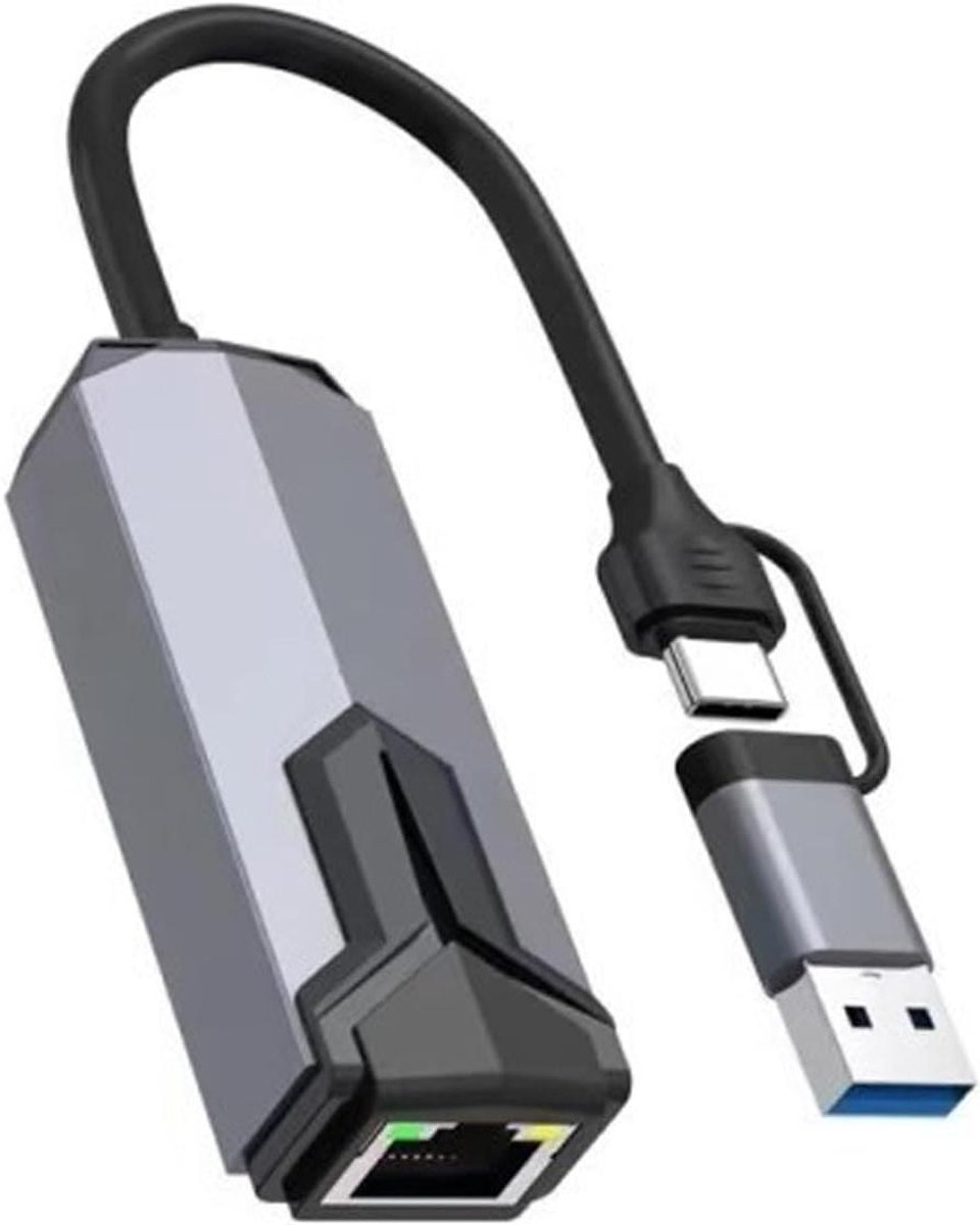 USB C Naar Ethernet - Netwerkadapter RJ45 - Sneller Internet - 25 Gbps Snelheid - 15 cm Kabel - Grijs