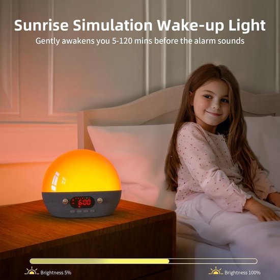 Wekker Nachtlampje - Wake Up Light - Rustig Ontwaken - Zonsopgang Simulatie - 11 Geluiden - Grijs — afbeelding 3