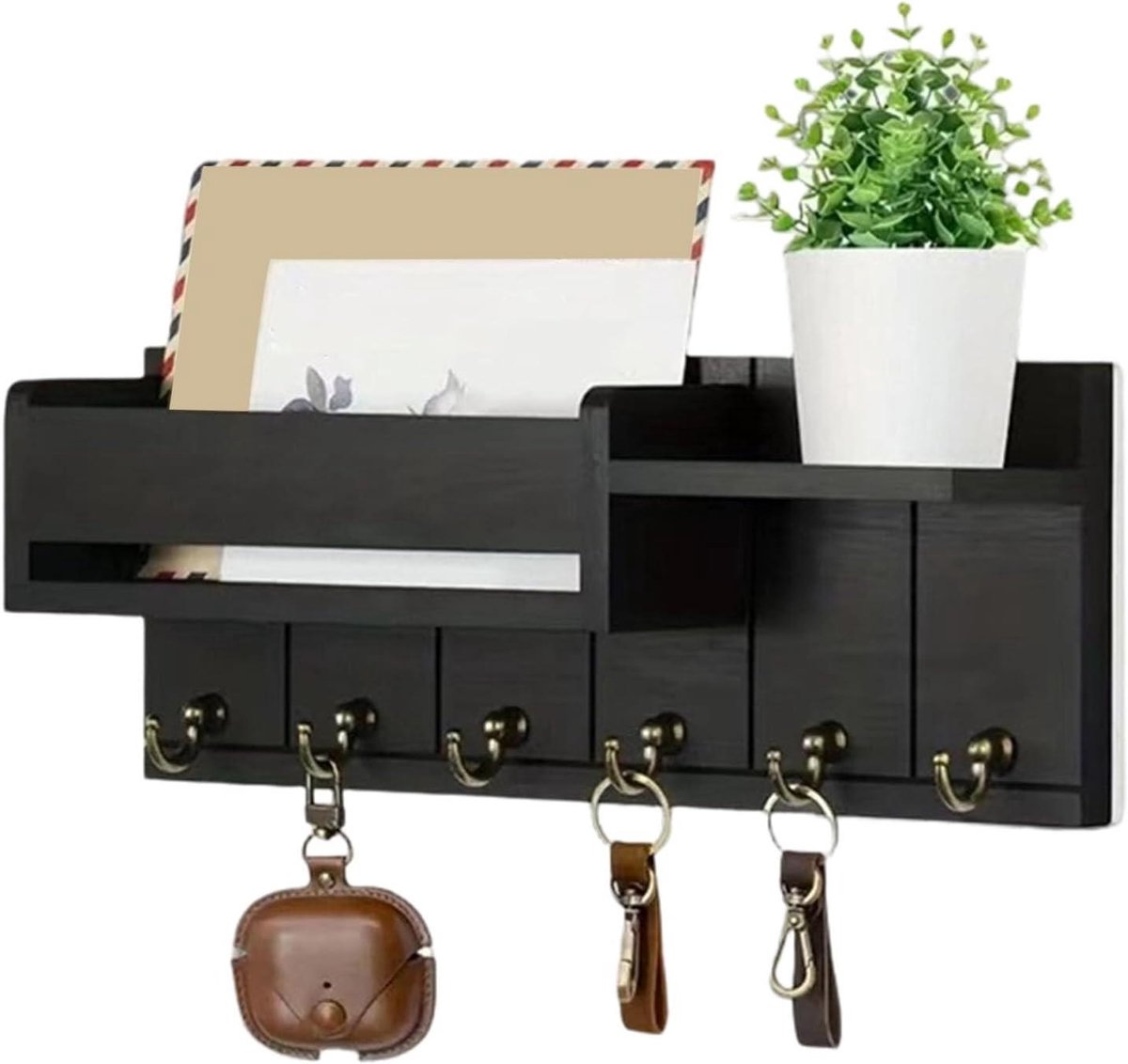 Houten Wandrek - Opbergrek met Haken - Post Sorteren - Ruimtebesparend Ontwerp - 30 cm Lan