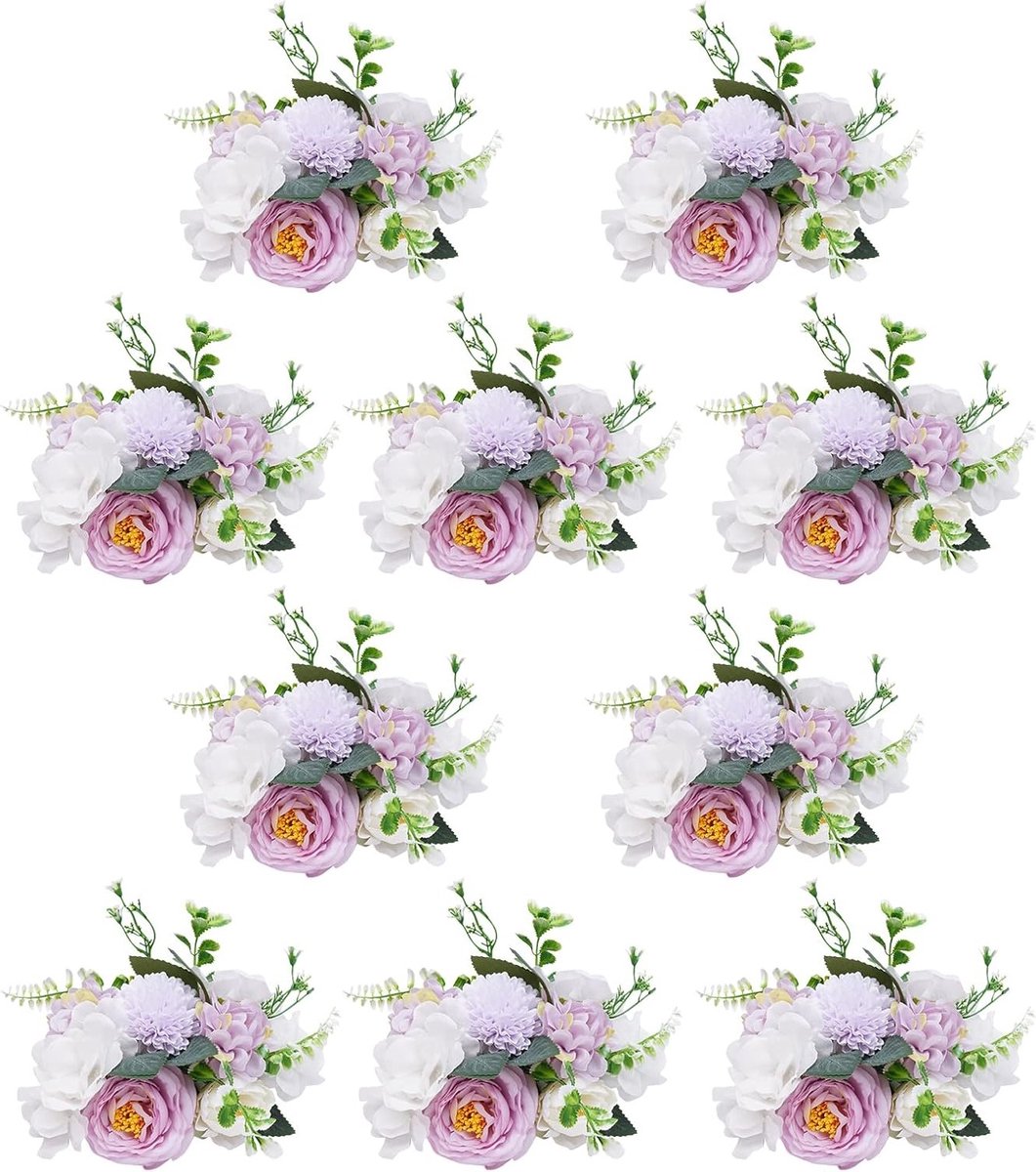 Kunstbloemen set van 10 stuks voor bruiloft - Kunststof namaakboeket in paars en wit voor decoratie en bloemenrek