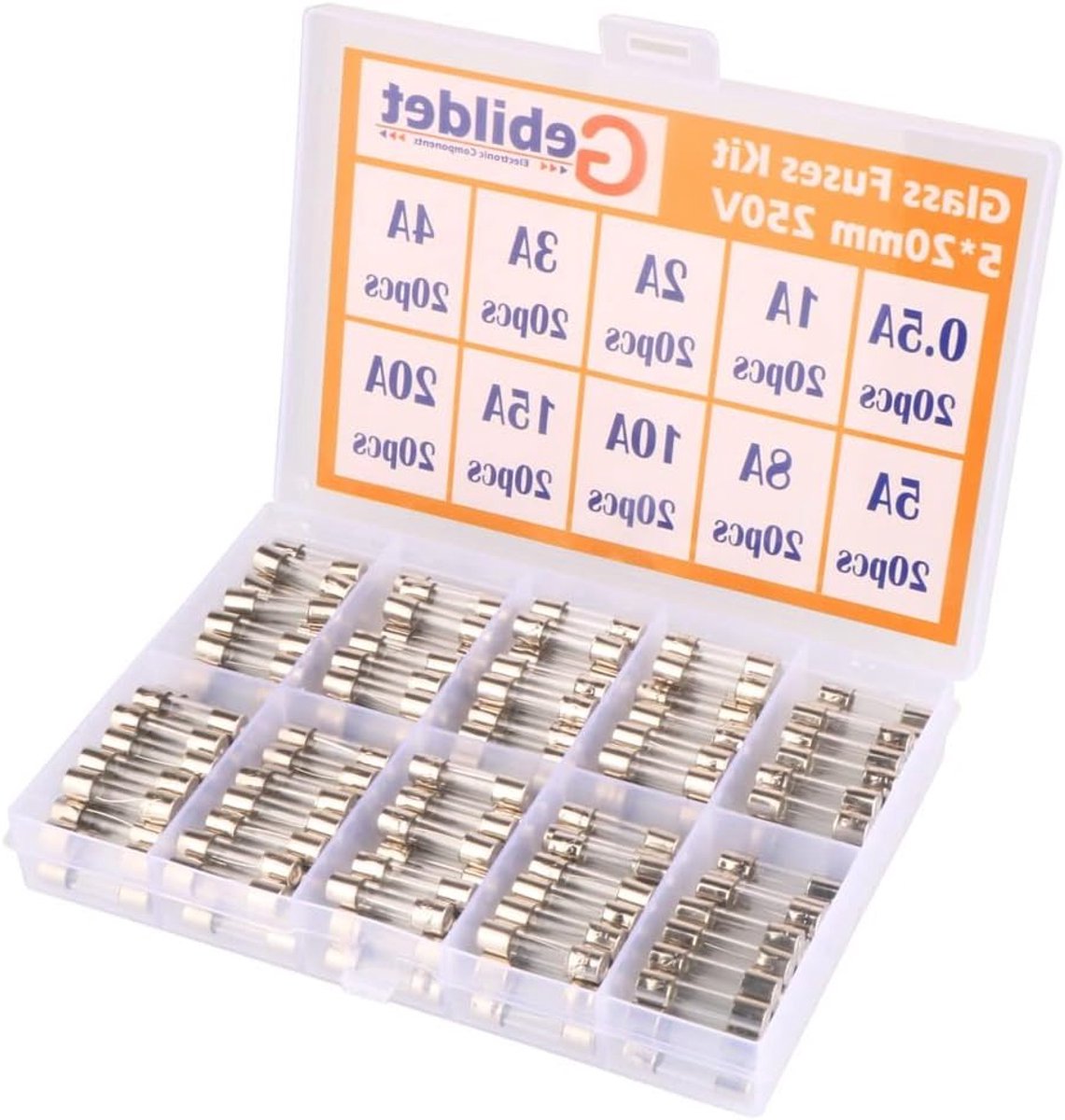 200 Stuks 5x20mm Sneldoorbrandende Glazen Buisknippers, Diverse Ampère 0.5A tot 20A Inclusief 20 Stuks per Type