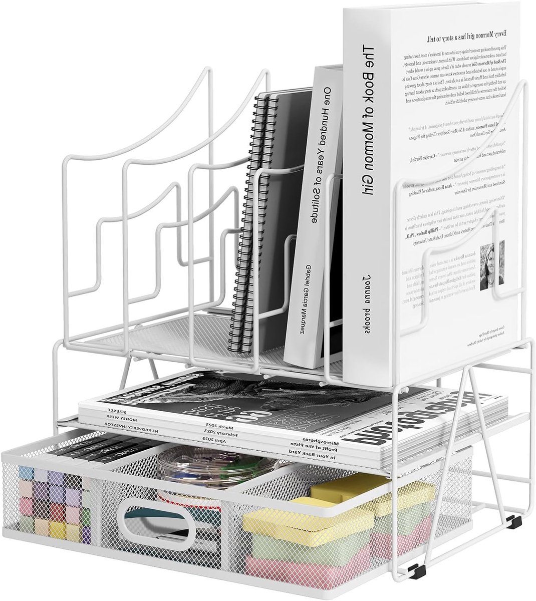 Desktop Mesh Desk Tidy - Veelzijdige A4 Bestandsordner en Tijdschriftenhouder met Opbergtray voor Kantoorbenodigdheden, Wit
