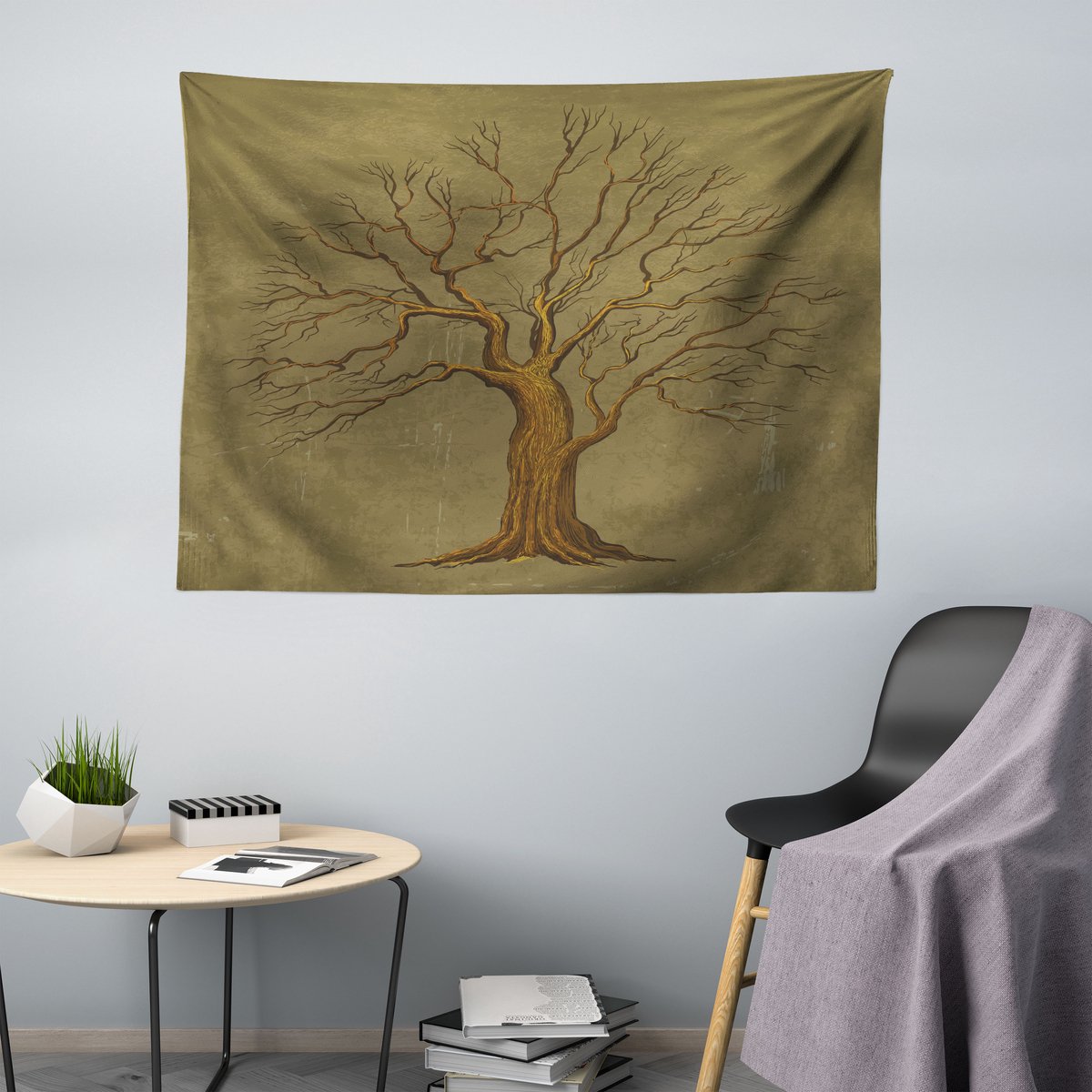 ABAKUHAUS Boomtapijt, Oud Paper Effect Vintage, Woonkamer Slaapkamer Wanddoek Zijdezacht Satijn Wandtapijt, 200 x 150 cm, Olijfgroen Olivengroen
