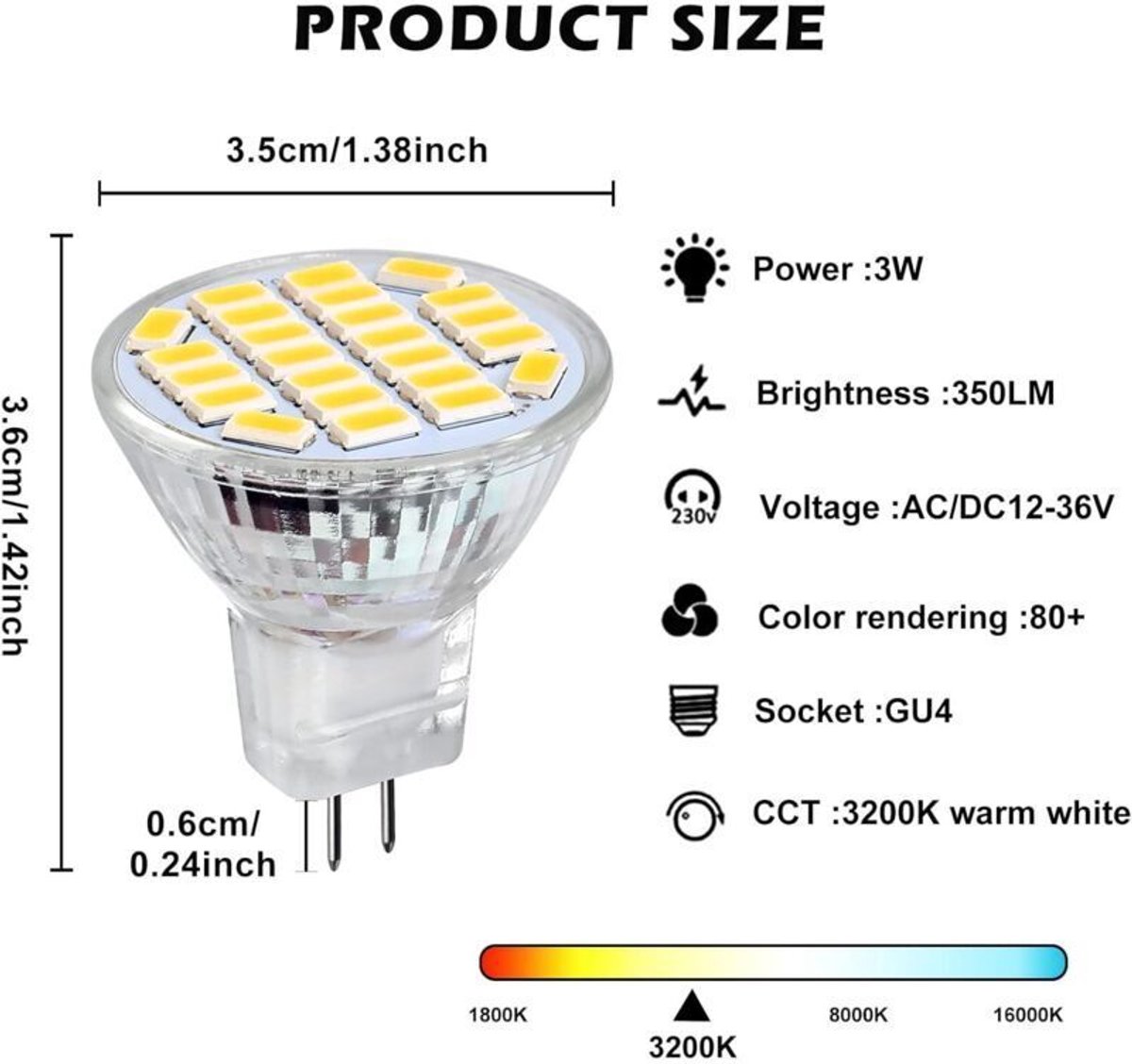Zes 3W MR11 GU4 LED-spotjes, 6500K wit licht, 12V