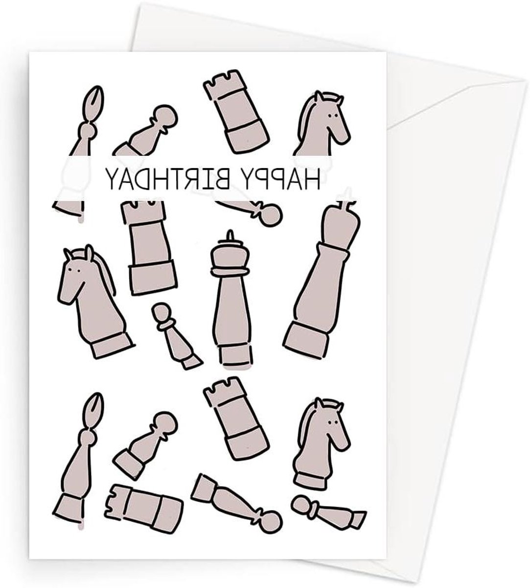 Verjaardagskaart Schaken - Kaart met schaakstukken - Gefeliciteerd wensen - Handgetekend ontwerp - 5x7 inch - Multicolor