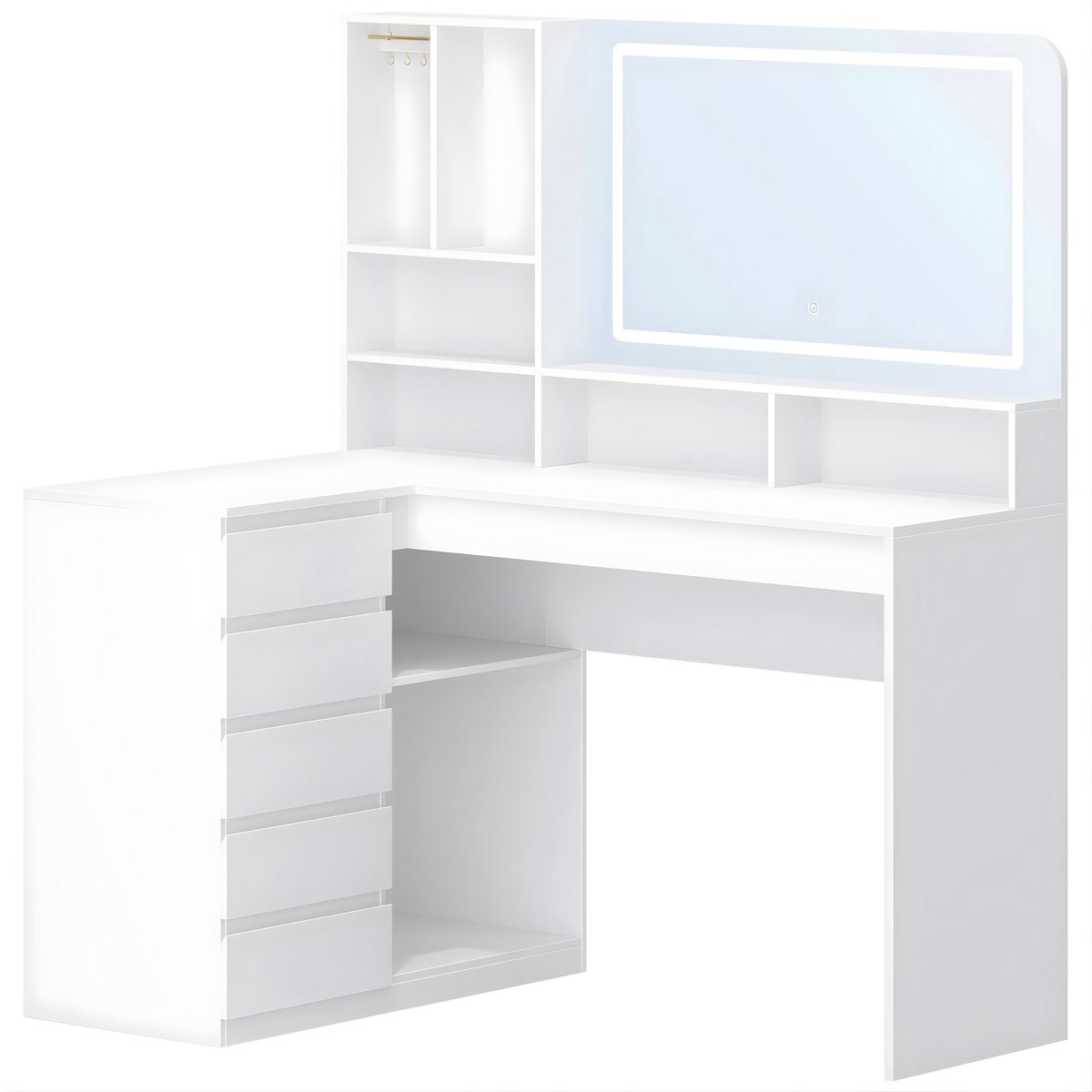 Happiq Dressing Table – Voor Slaapkamer – L-Vormige Kaptafel met Grote Spiegel, LED, Lades en Open Compartments – Wit White