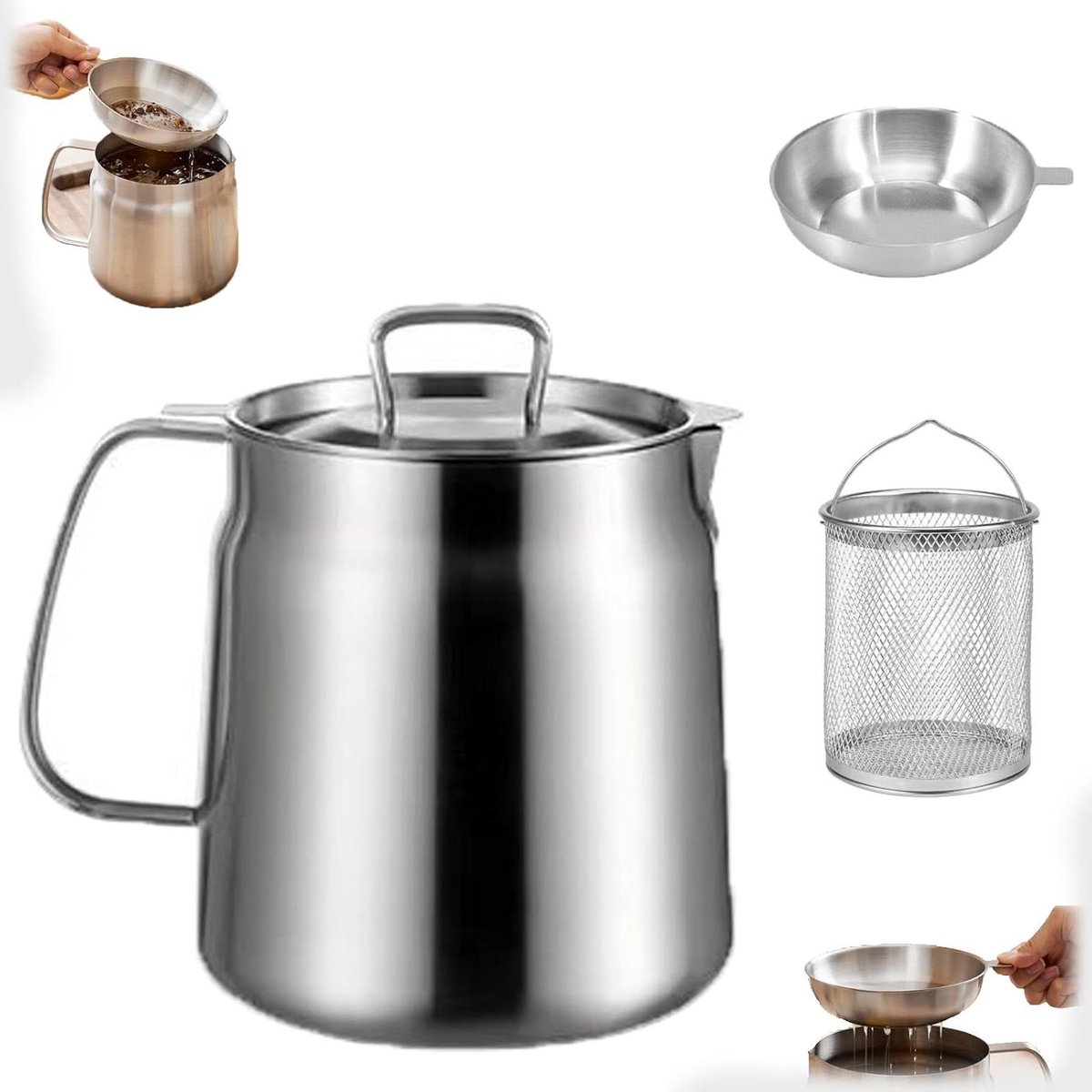 Roestvrijstalen Pan - Oliezeefpot - Koken en Bewaren - Efficiënt Filtersysteem - 2 Liter - Zilver