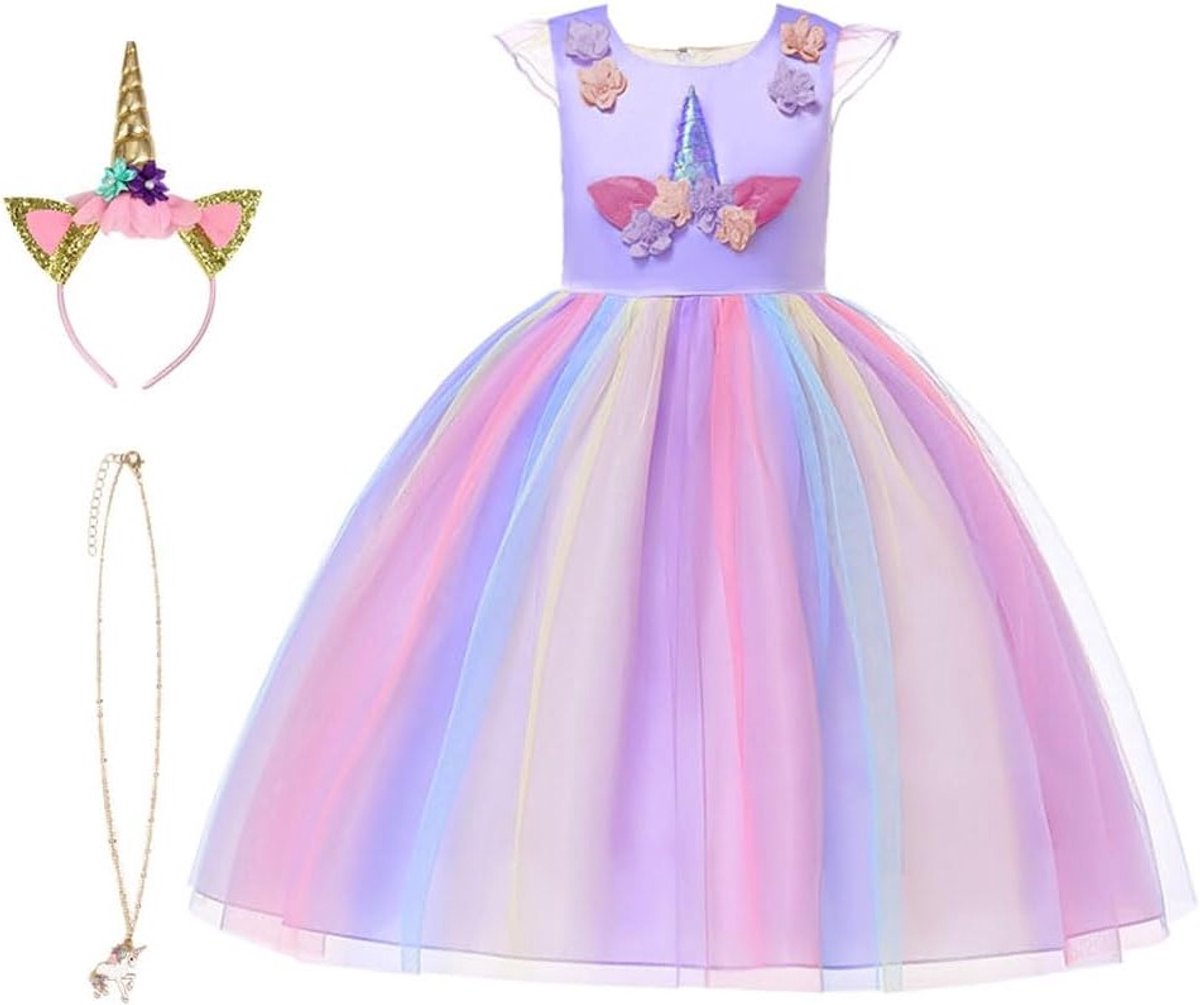 Unicorn Kostuum voor Kinderen, Prinsessenjurk met Sieraden en Hoofdband voor Verjaardagen, Cosplay en Halloween, Leeftijd 2-10 Jaar