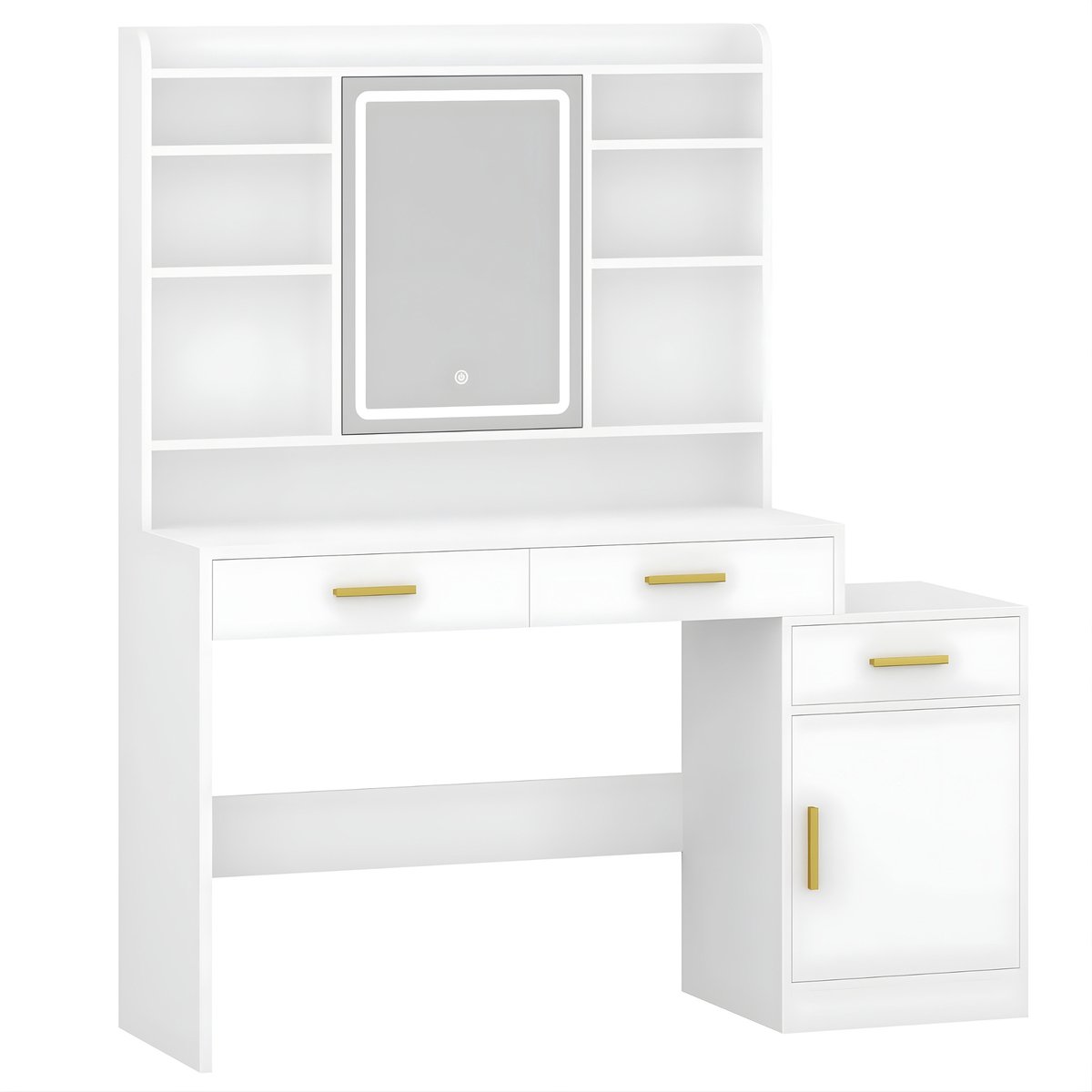 Happiq Dressing Table – Voor Slaapkamer en Kleedkamer – Kaptafel met Grote Spiegel, 3 Lades, 1 Kast en Open Multi-Level Vakken – Wit / Modern White