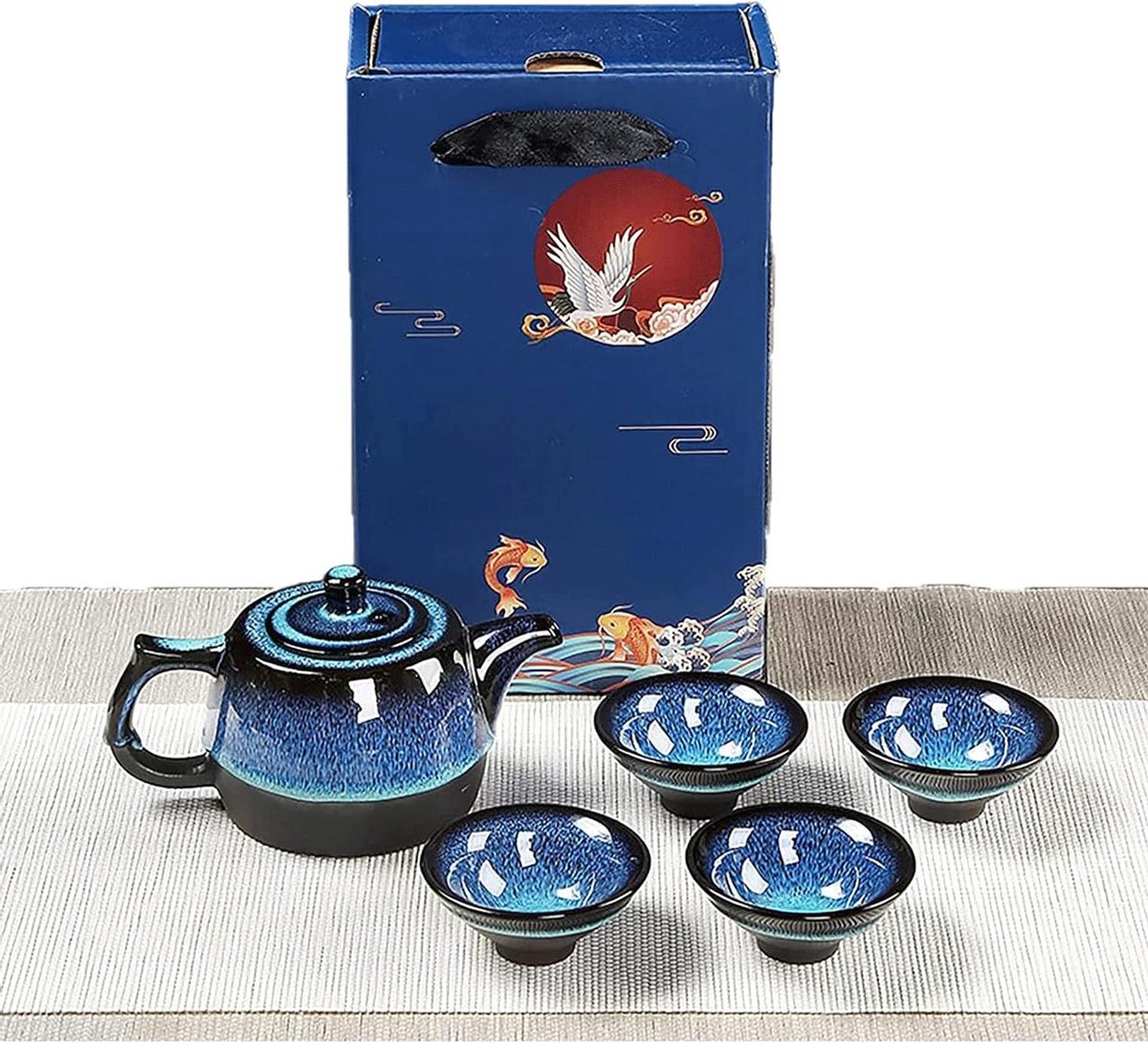 Theeset Porselein - Kleine Theekopjes - Thee Ceremonie - Uniek IJsglazuur - 4 Kopjes - Blauw