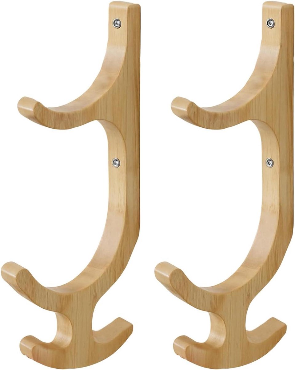 Wandhouder Opslag - Fitnessrek Organizer - Sportspullen Opbergen - Vier Haken Systeem - 41 x 25 cm - Houtkleur