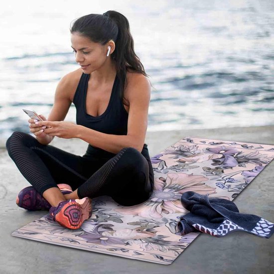 Paars Grijs Florals Boho gedrukt hot yoga mat antislip voor thuis gym, natuurlijk rubber antislip, met tas tapete para ejercicio 71x26 inch — afbeelding 4