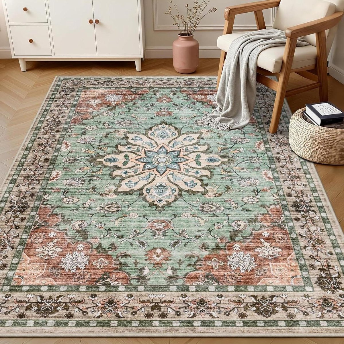 Grote vloerkleden woonkamer, groen rood veelkleurig oosters bloemenpatroon, 160 x 230 cm,