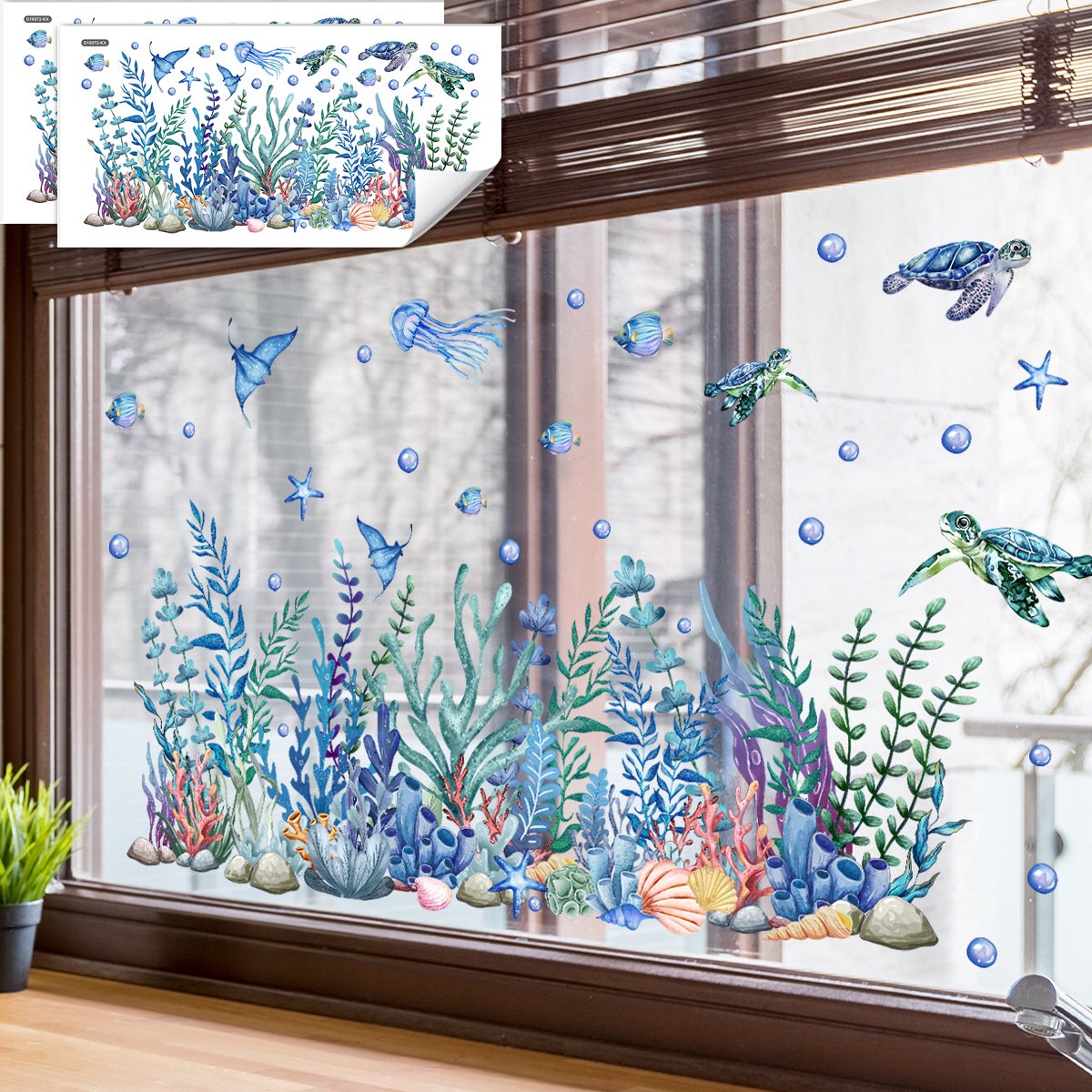 Cyslmuk Dubbelzijdige raamsticker met statische hechting, 2 vellen 30x60 cm, met koraal en vissen, Raamstickers met onderwaterwereldthema - blauw zeewier en zeeschildpad - waterdicht en verwijderbaar, voor decoratie in huis, kantoor of klaslokaal | Cyslmuk®
