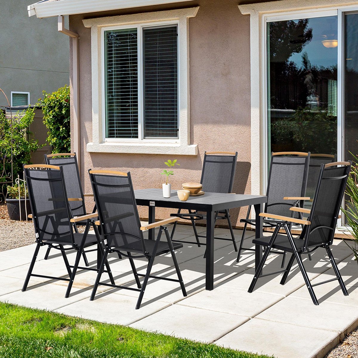 YEHTOKHOME Aluminium Tuinset voor 6 personen, Zitgroep met 1 tafel en 6 klapbaar stoelen, Diningset tuinmeubelen voor balkon, tuin, Weerbestendig, Zwart