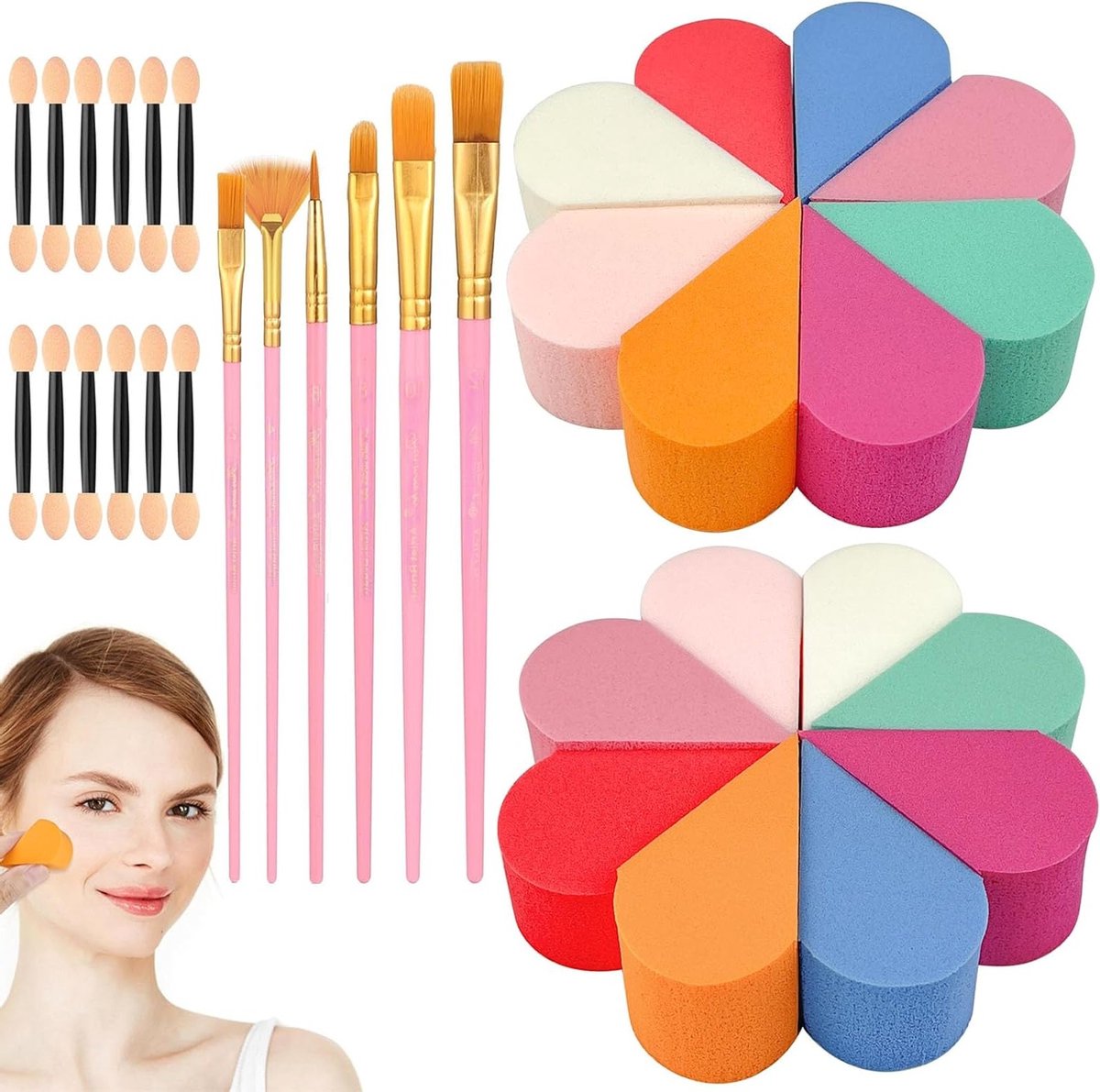 Set van 2 Petal Make-up Sponzen met 6 Make-up Kwasten en 10 Dubbele Oogschaduwkwasten voor Bodypainting, Geschikt voor Beginners en Professionals