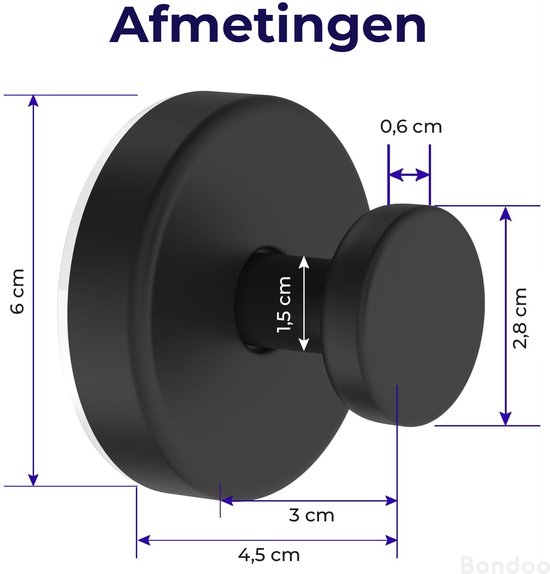 Afmetingen van de zwarte haak: breedte 6 cm, hoogte 2,8 cm, diepte 4,5 cm. Diameter knop 1,5 cm.