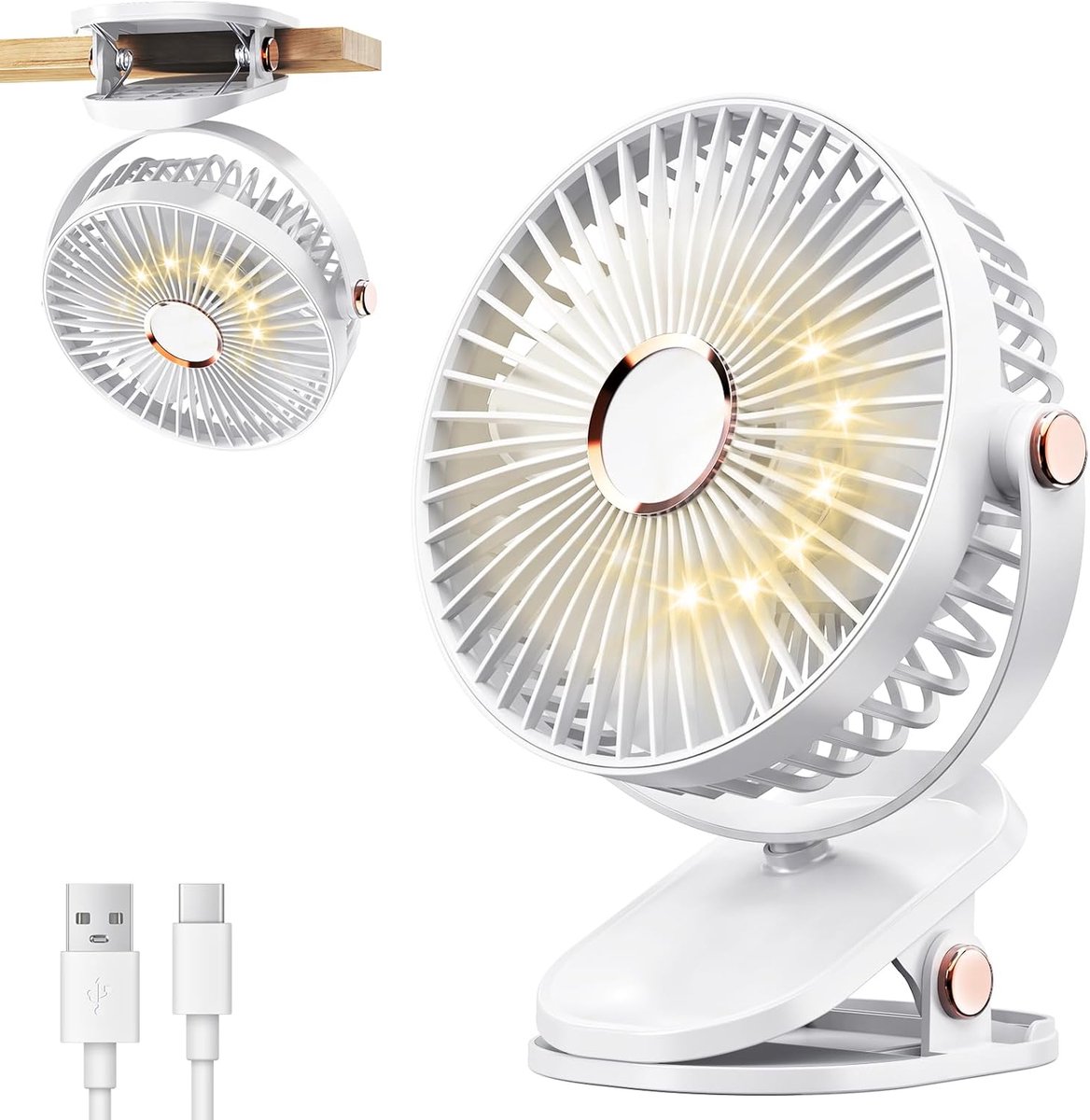 4000mAh Draagbare Clipventilator met LED - Batterij USB Tafelventilator - 4 Snelheden Stil Oplaadbaar - 360° Draaibaar voor Thuis, Kantoor, Kinderwagen, Kamperen - Wit - 1 Stuk