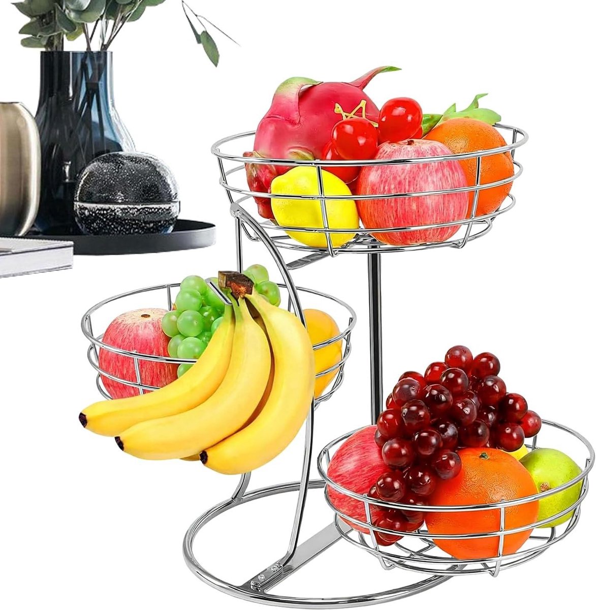 Fruitmand - Fruithouder Keuken - Aanrecht Organiseren - Met Bananenhanger - 44x30cm - Zilver