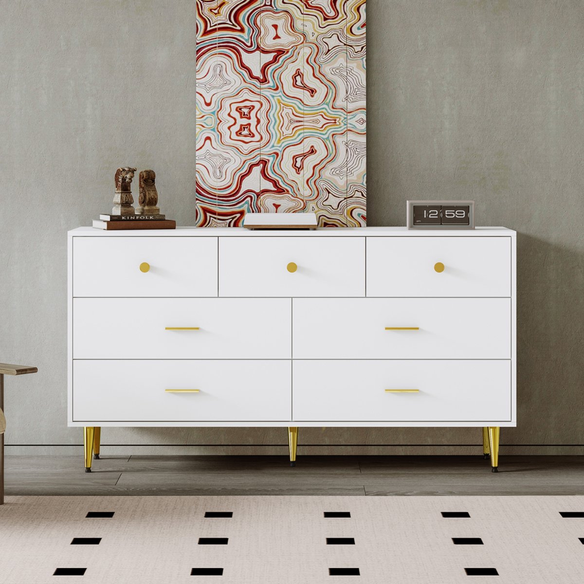 Kast / Ladekast - 140x35x76 cm wit - 7 laden & gouden handgrepen - 5 gouden poten - voor keuken/eetkamer