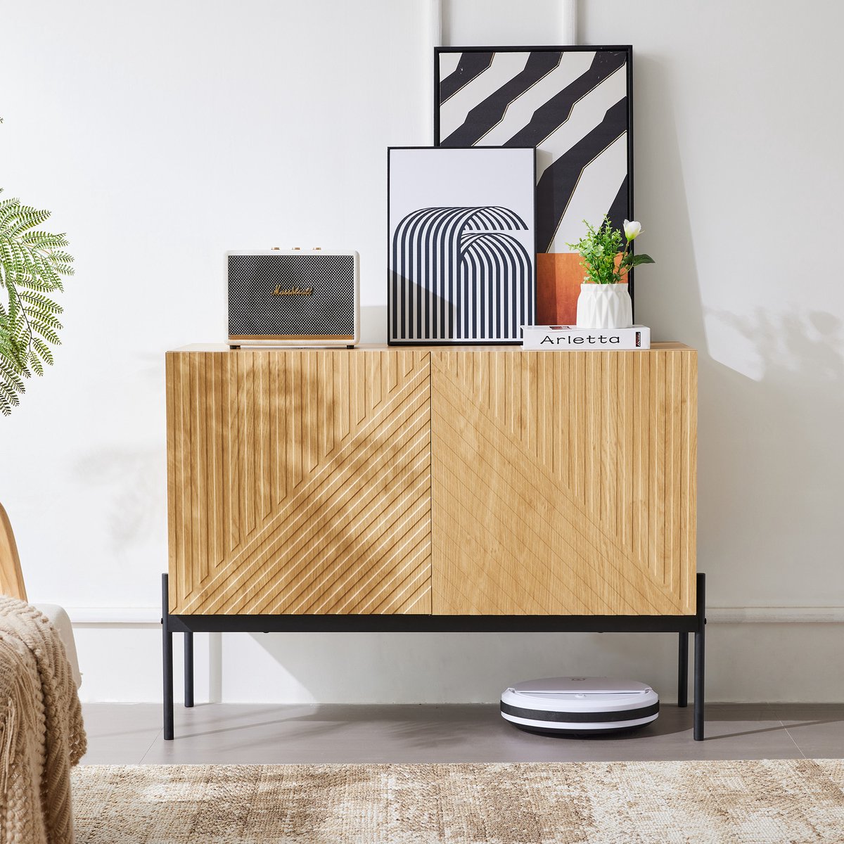 Zubaliya Sideboard - 100x40x75 cm - 2 deuren & metalen poten - lijnen design - verstelbare plank Wit