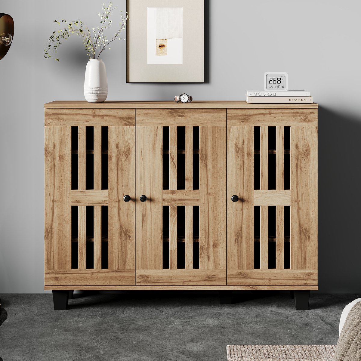Sideboard - 120x32x92 cm - 3 deuren met houten strepen - 8 opbergvakken - warme houtlook - 5 lagen