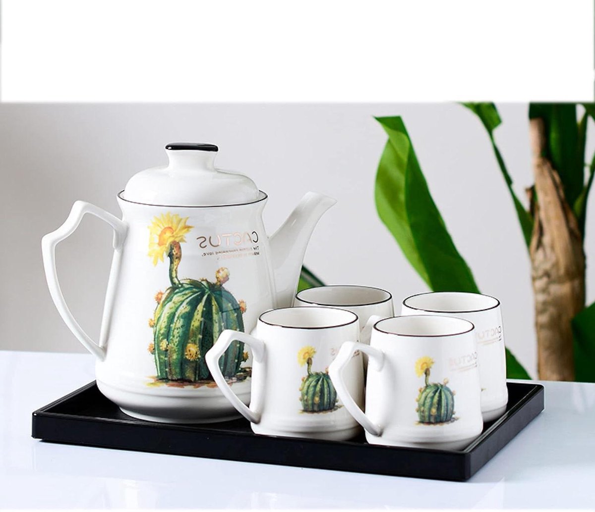 Porseleinen Theeservies - Koffiekop Set - Thee Zetten - Met Dienblad - 6 Kopjes - Wit