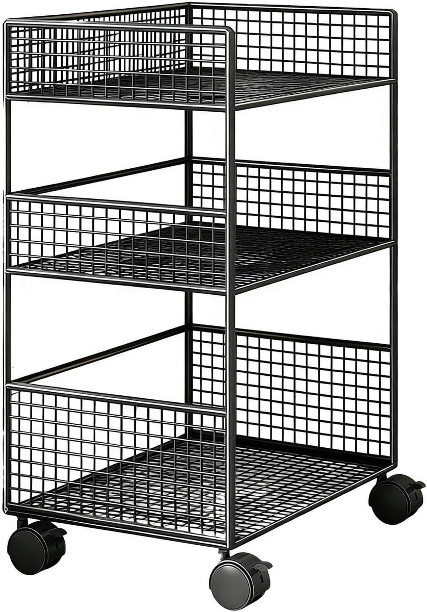 Opbergkar Metaal - Rollende Organizer - Ruimte Besparen - Drie Lagen - 49.5 cm Hoog - Zwart