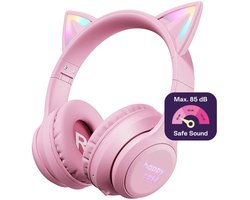 HappyCase Kinder Koptelefoon met Kattenoortjes - veilige volumebregrenzer - Bluetooth Koptelefoon Voor Kinderen - Ledverlichting - Over-Ear Hoofdtelefoon - Geluiddempend - Roze