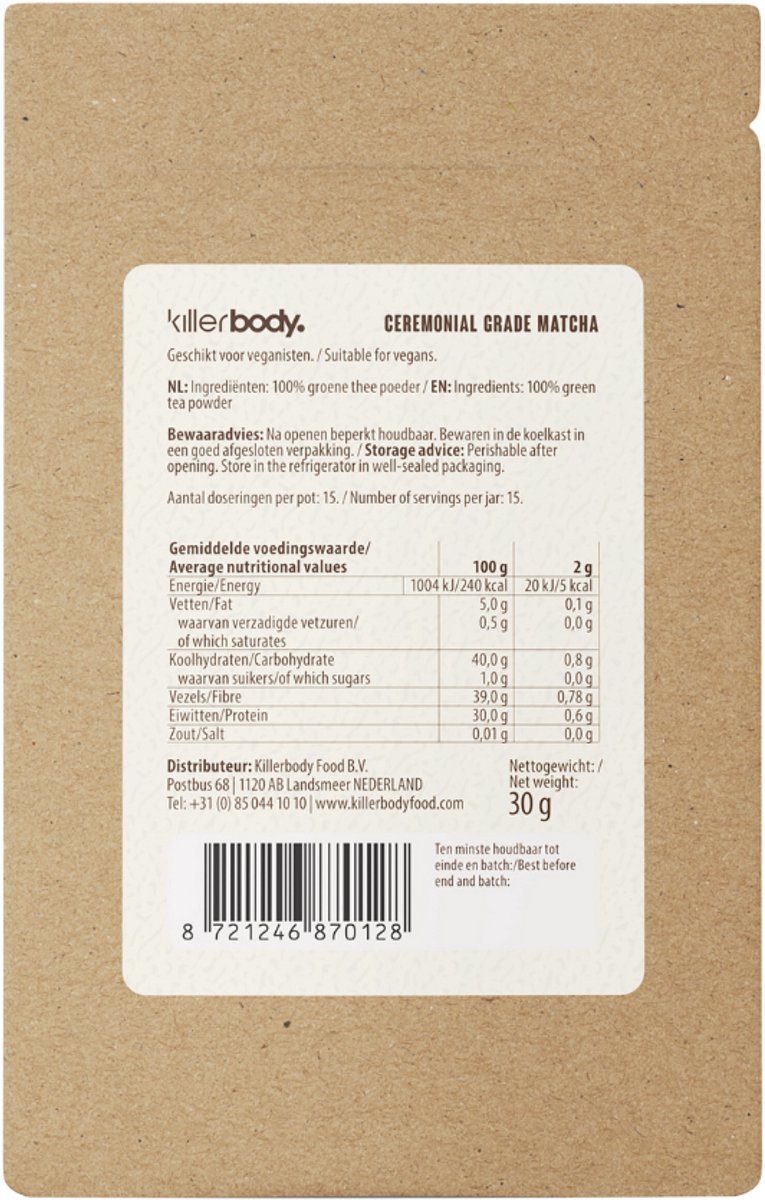 Killerbody Matcha Navulverpakking – Ceremonial Grade – Eerste Pluk uit Uji Japan – Premium Groene Thee Poeder