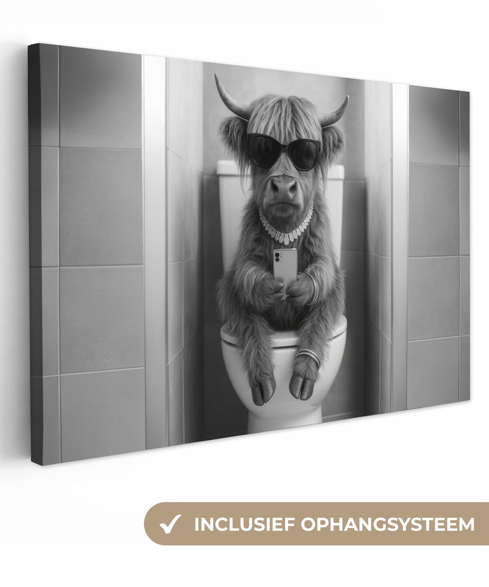 Canvas schilderij 30x20 cm - Exclusieve wanddecoratie Stier - Telefoon - Toilet - Zwart -