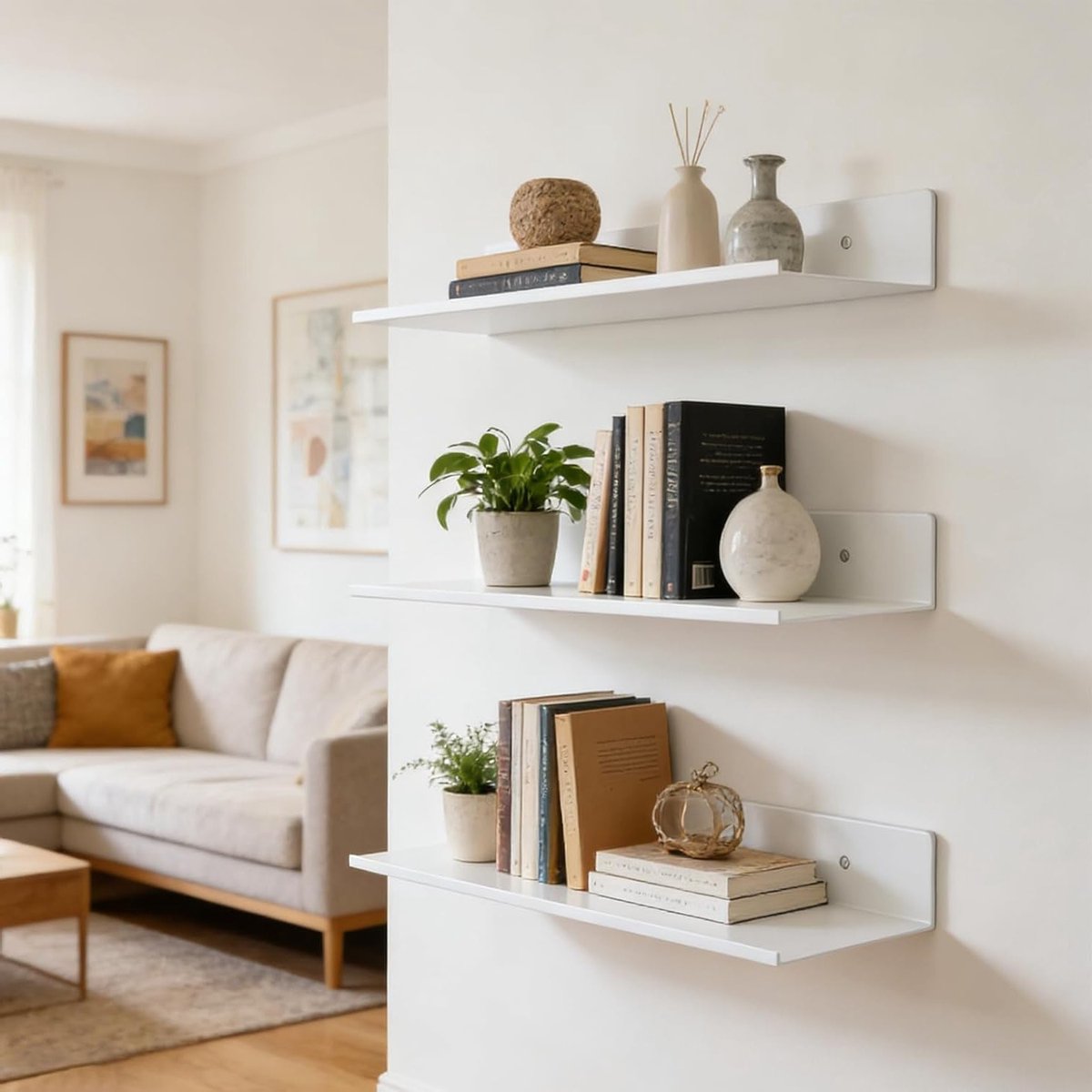 Drijvende Wandplanken Set van 3 Stuks, Zelfklevend en Zonder Boren, Ideaal voor Badkamer, Woonkamer en Keuken, 30 cm, Wit