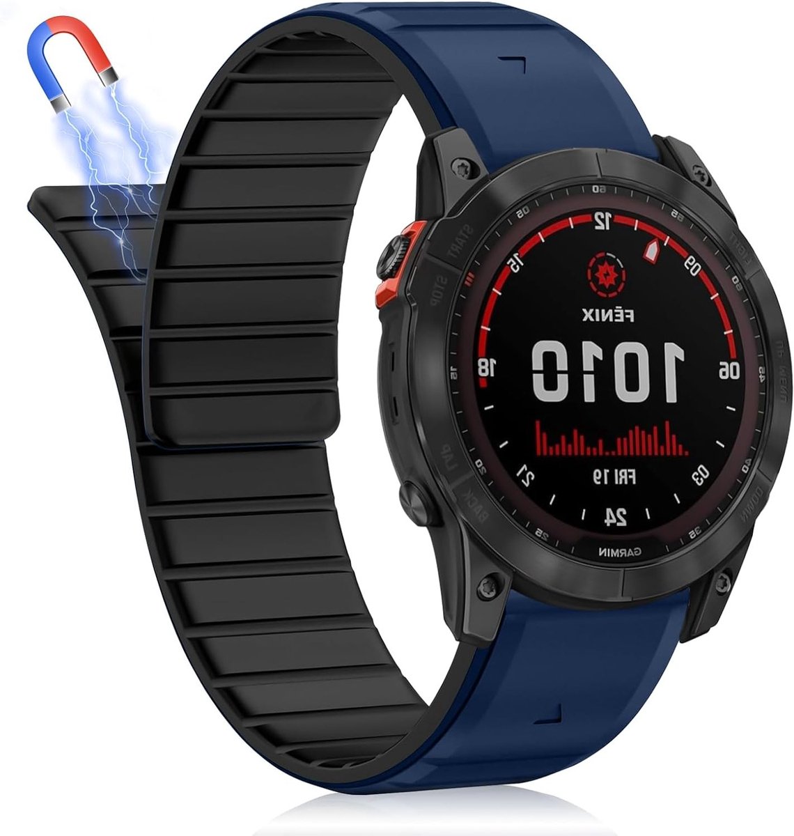 26mm Magnetische Armband voor Garmin Fenix 7X Pro, Fenix 6X en Instinct 2X - Zwart/Blauw, Silicone Horlogeband voor Comfort en Stijl