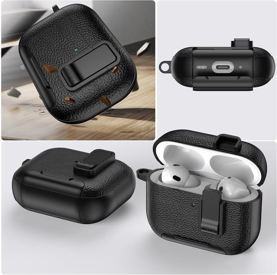 Hoes voor AirPods Pro 3 met Karabijnhaak PWZ Zwart - Lederen Textuur, Stootvaste Beschermhoes met Vergrendelingsclip en Standaard voor AirPod Pro 3 2025 — afbeelding 4