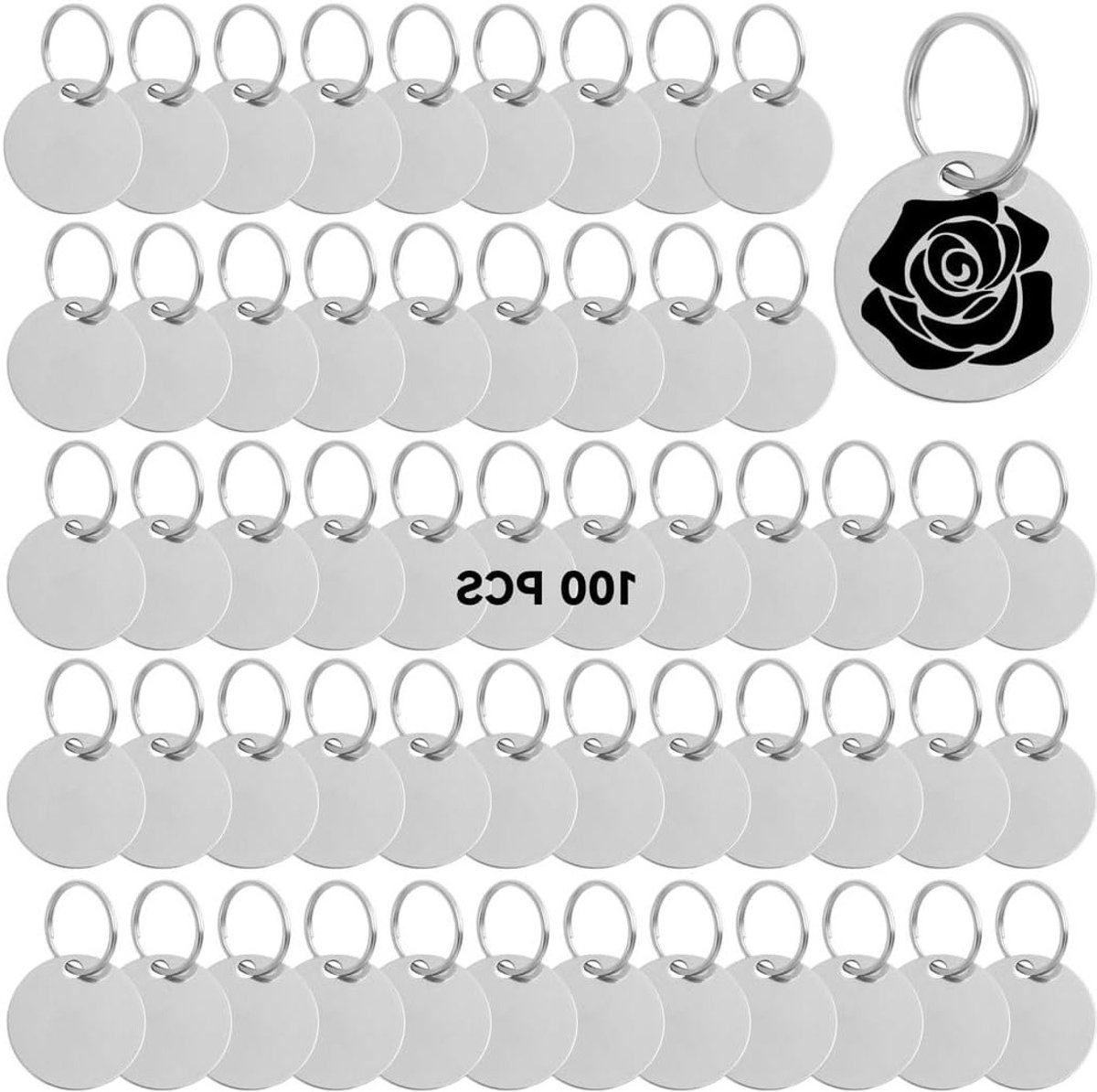 Ronde stempeldekens voor huisdieren, roestvrijstalen blanco tags met sleutelringen voor armbanden en sieraden maken, 100 stuks