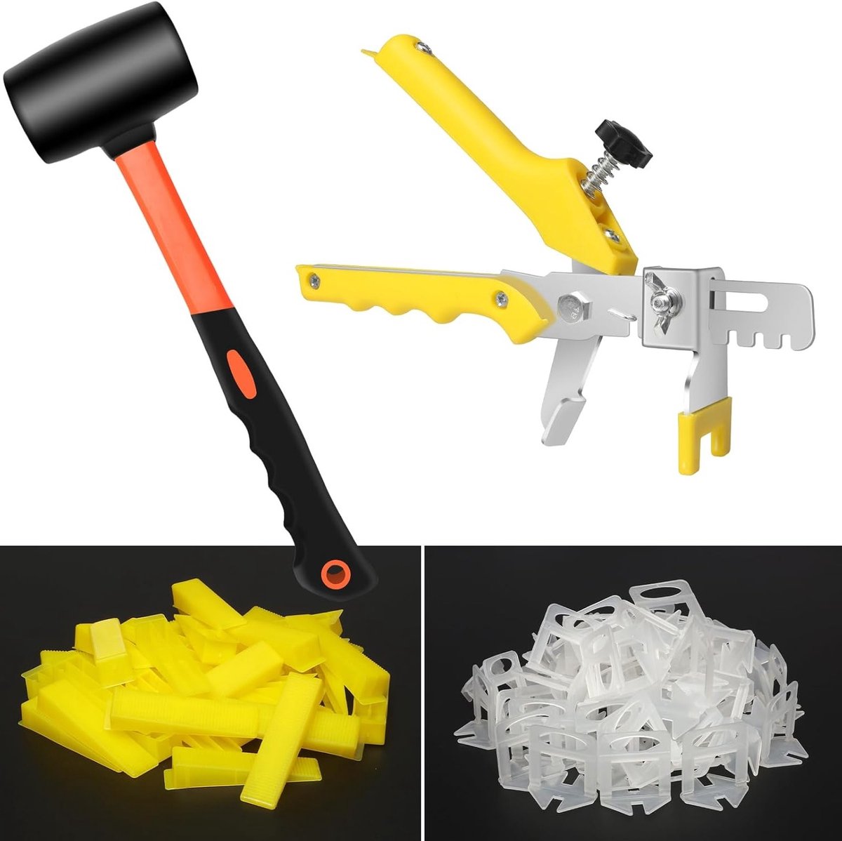 Nivelleersysteem voor Tegels, 1,5 mm Tegelgereedschap, 300 Trekloepen, 100 Wedges, 1 Tang en 1 Rubber Hamer voor Tegelplaatsing, Niveau Set voor Doe-Het-Zelf Projecten en Tegelwerk