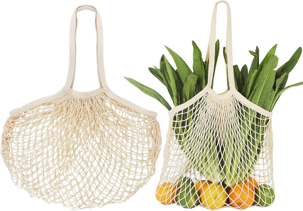 Herbruikbare Beige Nettas voor Boodschappen - 2 Stuks - Draagbare Groente en Fruit Tassen